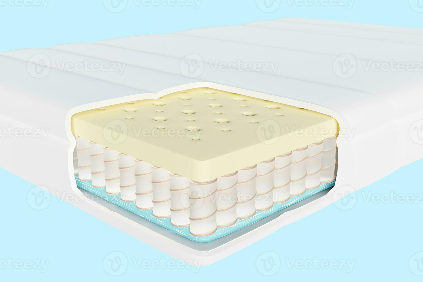 3d layered sheet material mattress with air fabric, pocket springs, natural latex, memory foam isolated on blue background. 3d render illustration, clipping path photo