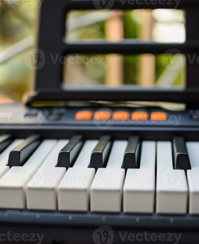 Close-up of piano keys. Piano black and white keys and Piano keyboard musical instrument placed at the home balcony during sunny day. photo