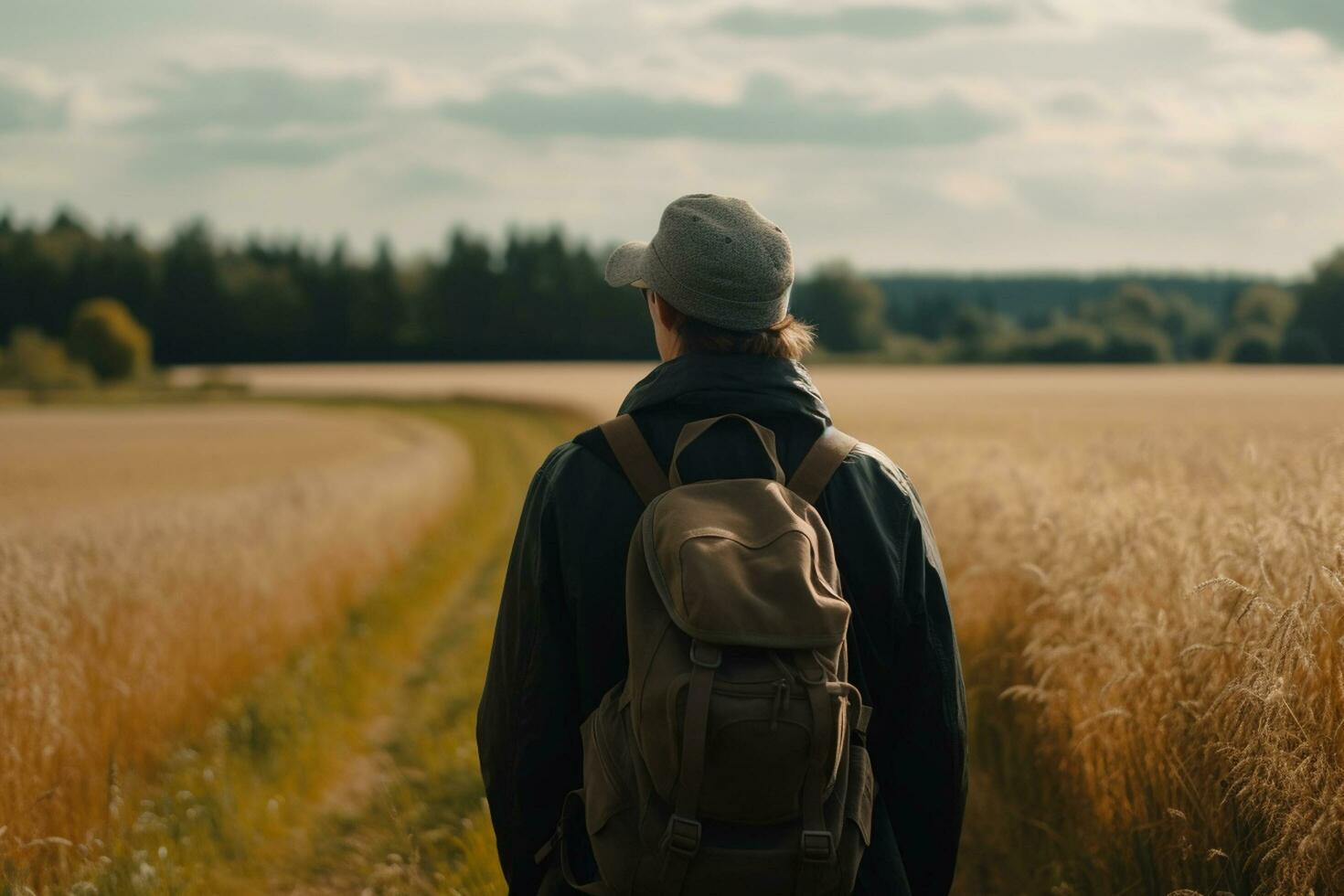 A man with a backpack on his back stands in field and looks at the village. generate ai photo