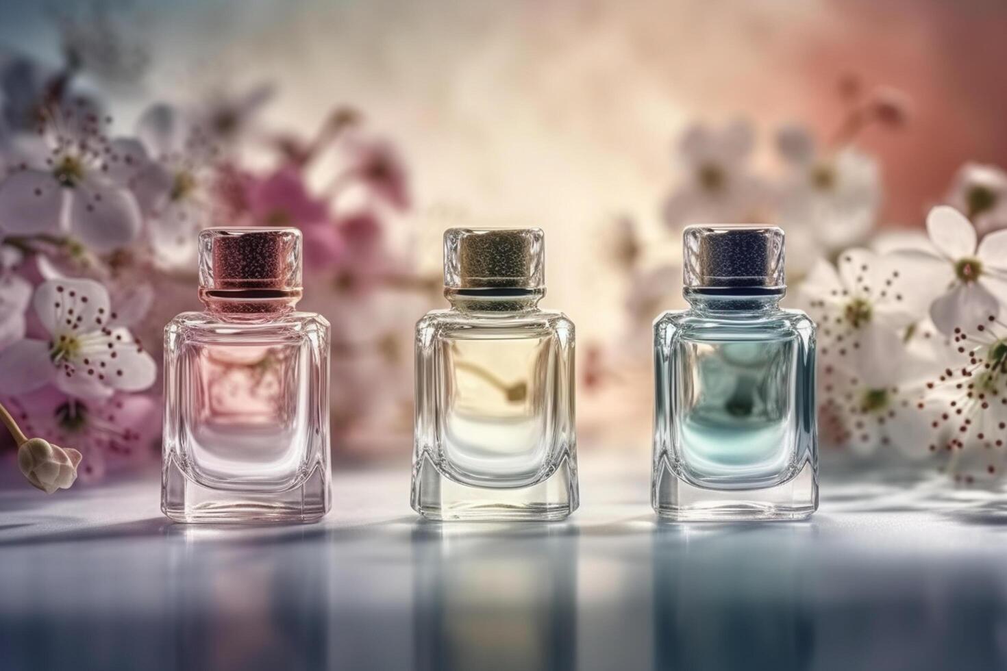 Beautiful perfume bottles with flowers on wooden table and blurred background. photo