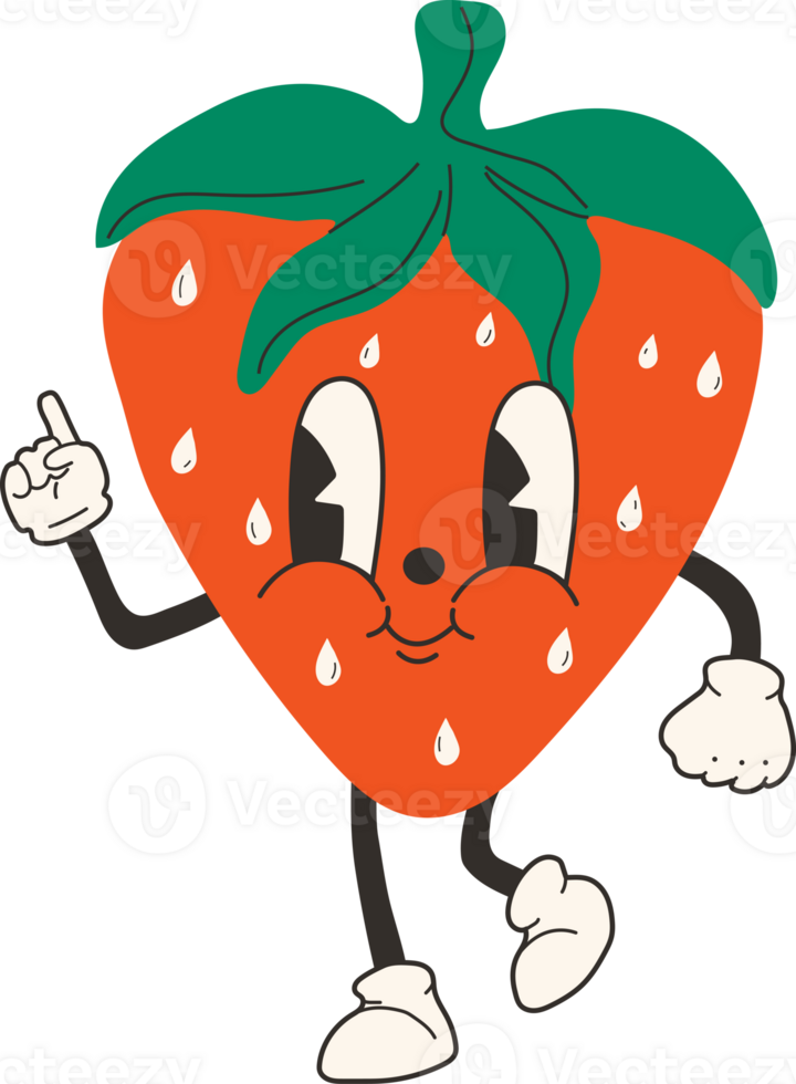 Cute happy funny Strawberry 30s cartoon mascot character 40s, 50s, 60s old animation style. png