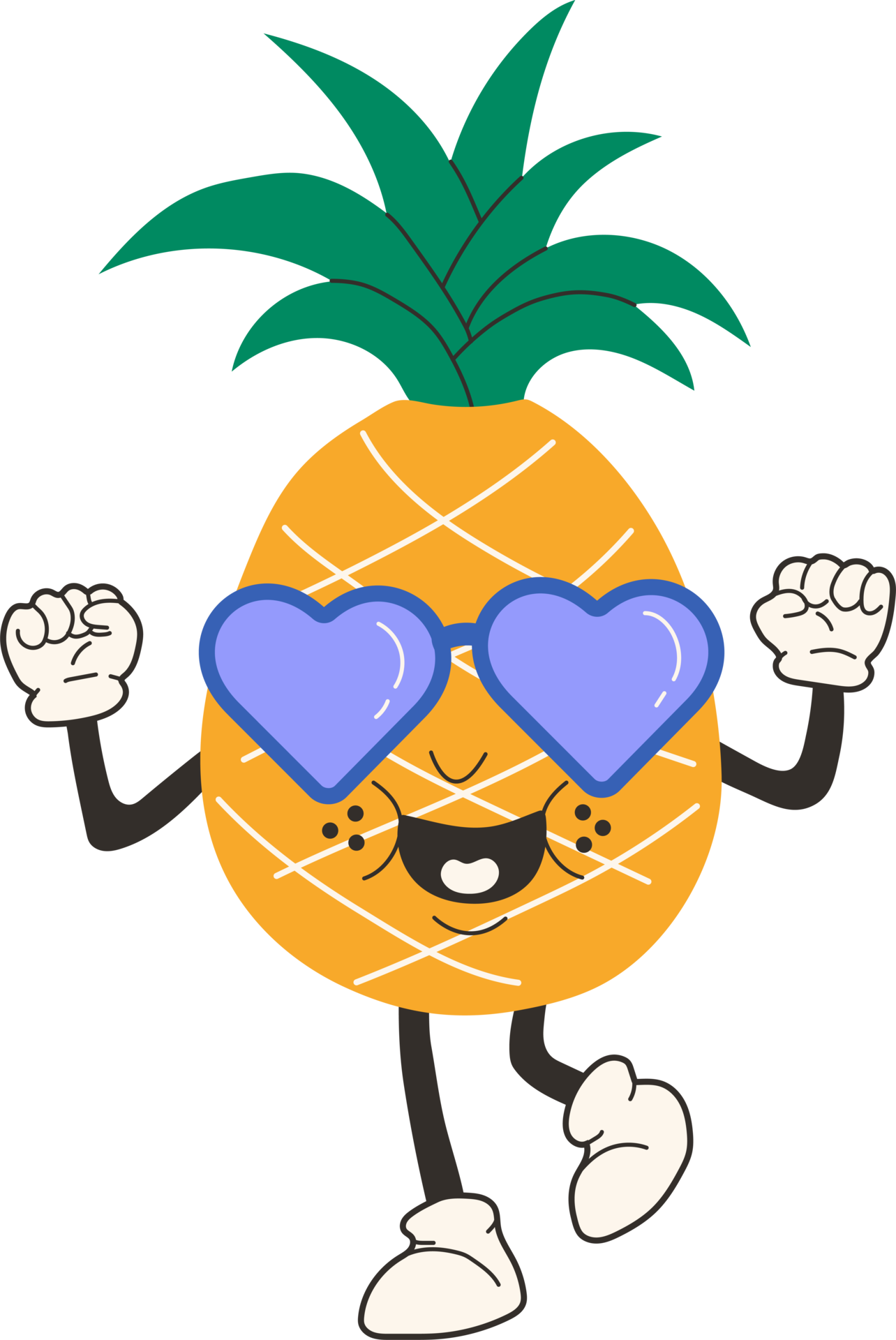 Cute happy funny pineapple in glasses 30s cartoon mascot character 40s