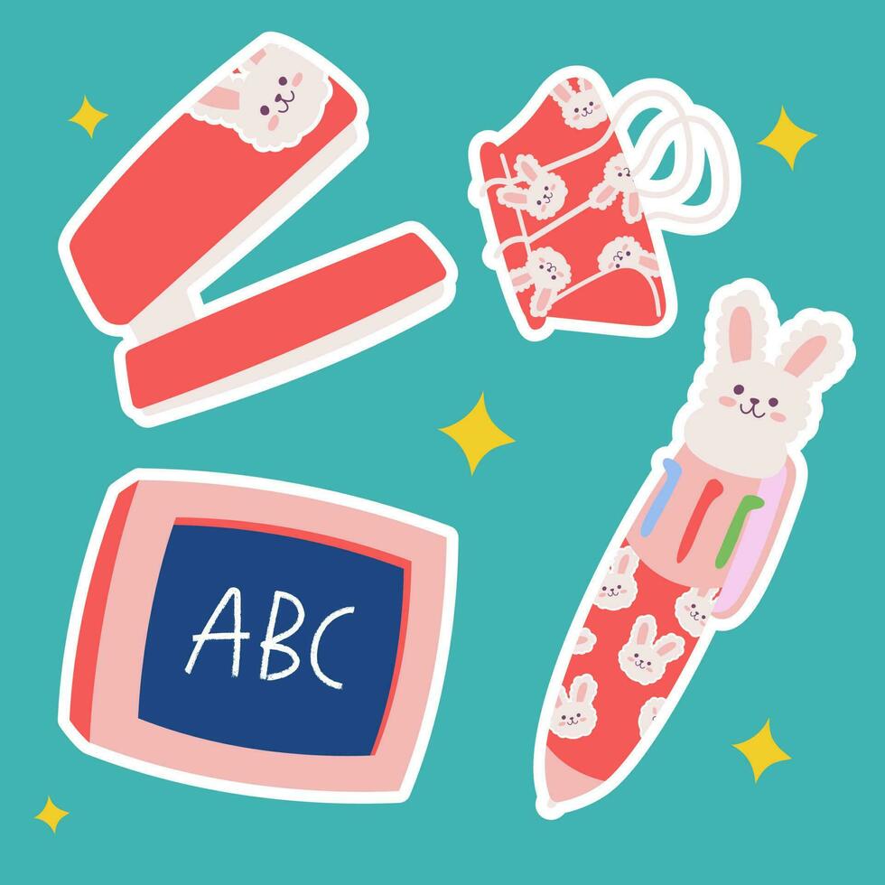 School stationery kawaii sticker set. Hand drawn office supply cartoon doodle chalk, board, pen, clip. Bundle of cute kid graphic print for preschool. children learn, teacher, college vector
