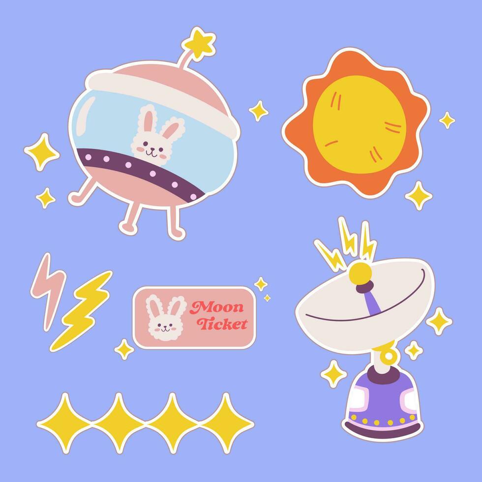 Outer space kawaii sticker set. Hand drawn cosmic cartoon collection of sun, ufo alien, transmitter, star. Bundle of cute kid graphic for nursery print in galaxy exploration universe vector
