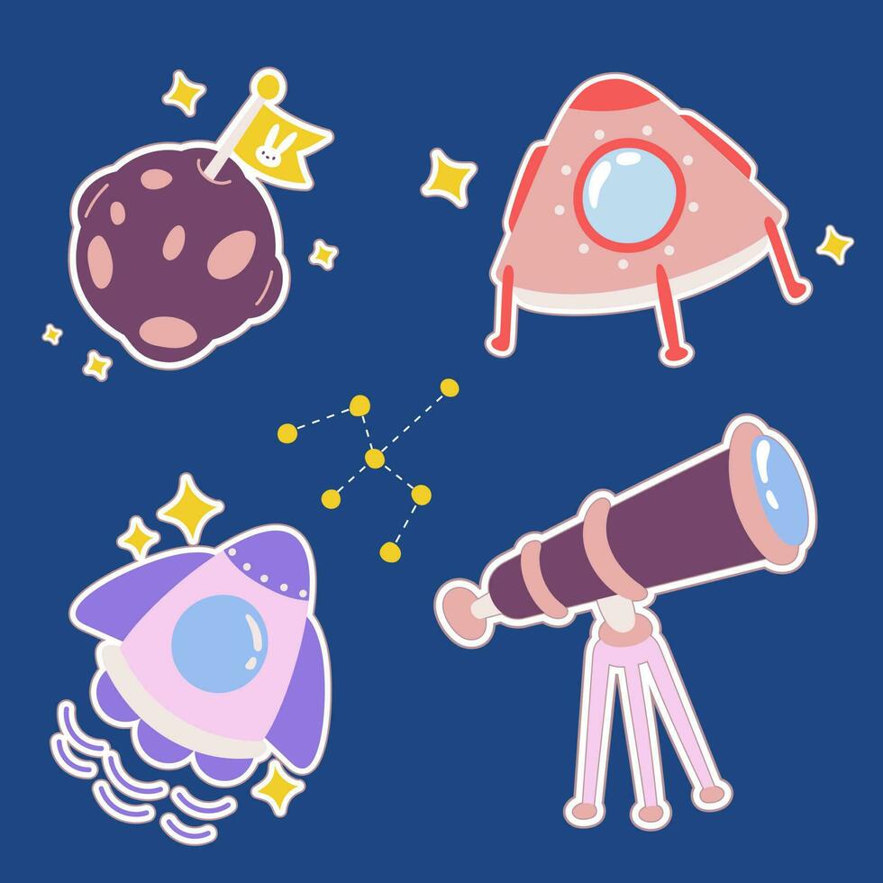 exterior espacio kawaii pegatina colocar. mano dibujado cósmico dibujos animados colección de luna, estrella, cohete, telescopio, astronave. haz de linda niño gráfico para guardería impresión en galaxia exploración universo vector