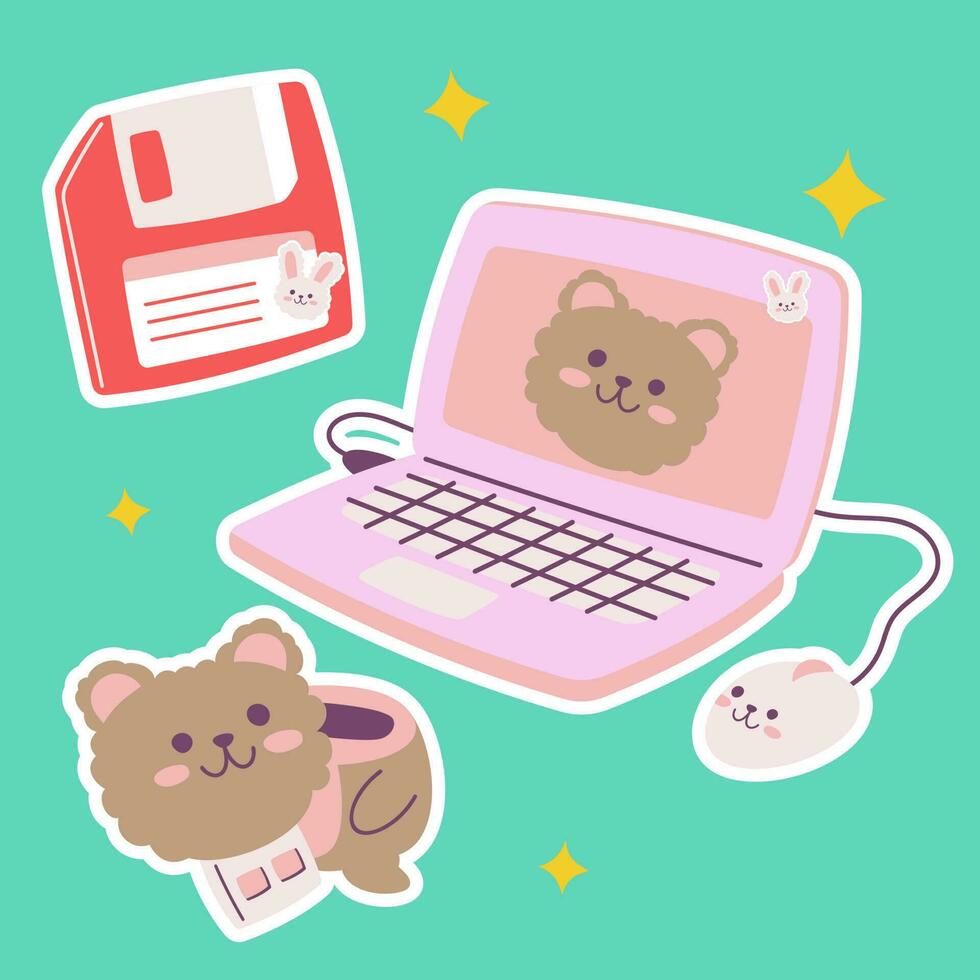 School stationery kawaii sticker set. Hand drawn office supply cartoon doodle floppy disk, flash drive, laptop. Bundle of cute kid graphic print for preschool. children learn, teacher, college vector