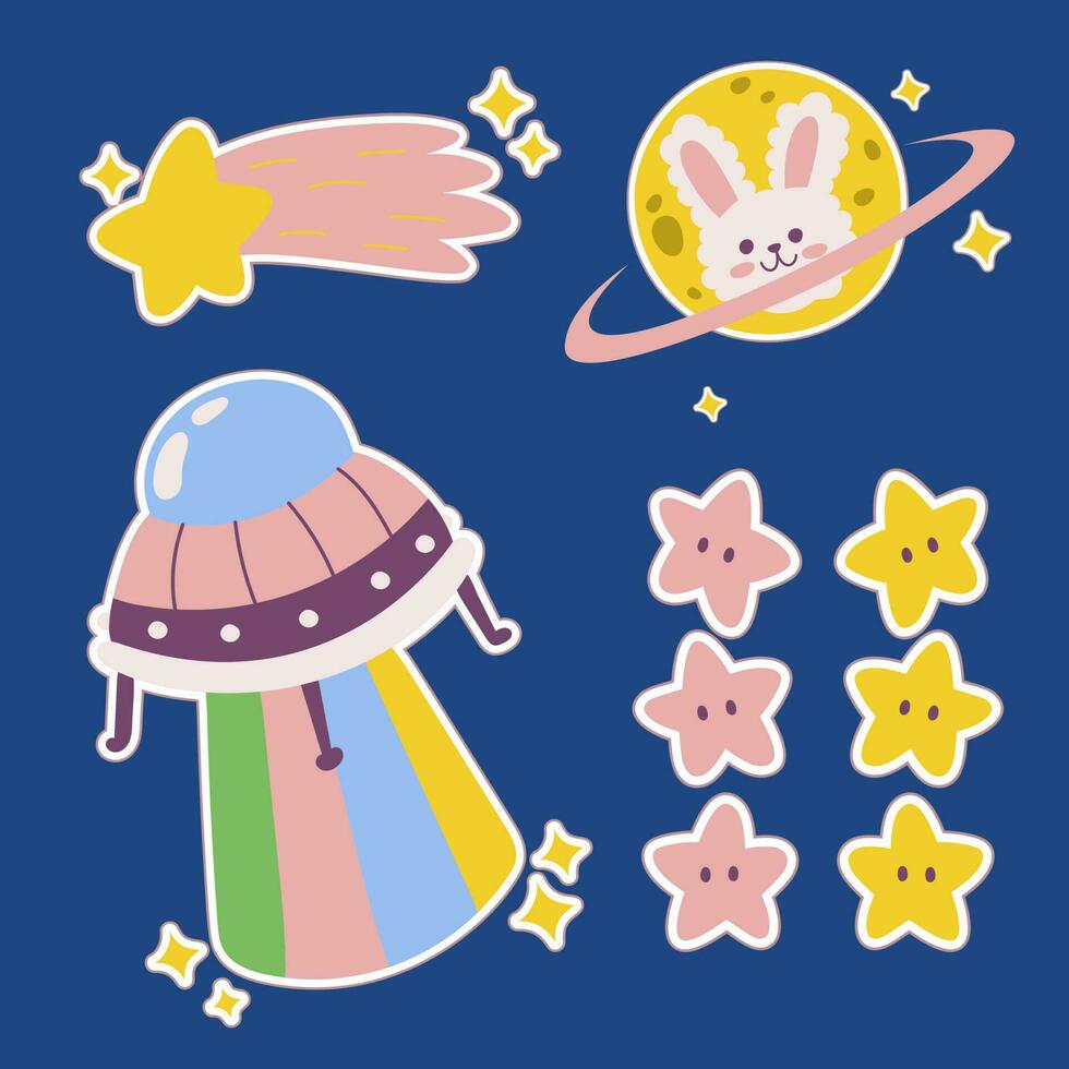 exterior espacio kawaii pegatina colocar. mano dibujado cósmico dibujos animados colección de OVNI extraterrestre, planeta, estrella, volador platillo. haz de linda niño gráfico para guardería impresión en galaxia explorador exploración vector