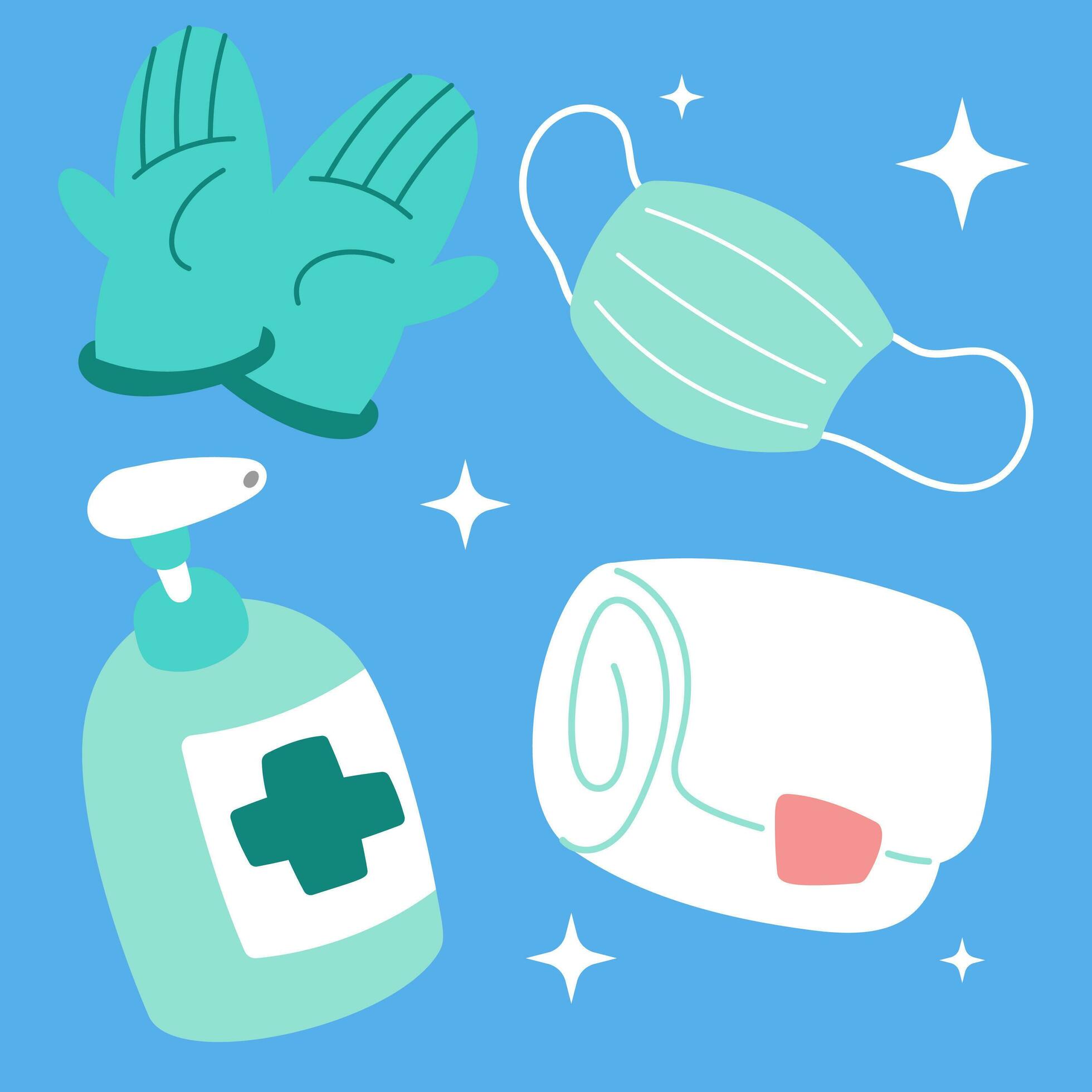 Cute medical sticker set. Hand drawn healthcare cartoon doodle glove mask sanitizer bandage