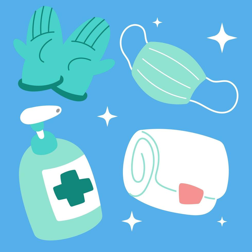 Cute medical sticker set. Hand drawn healthcare cartoon doodle glove mask sanitizer bandage. Bundle of nursery kid graphic print for hospital clinic pharmacy emergency doctor vector
