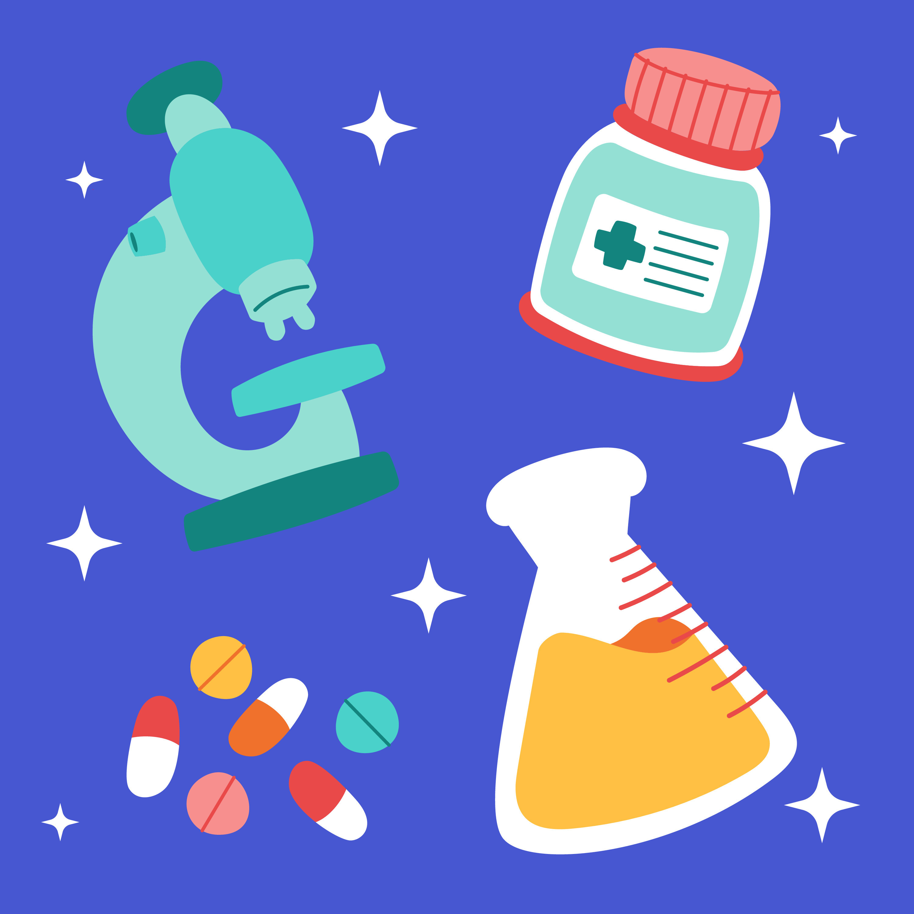 Cute medical sticker set. Hand drawn healthcare cartoon doodle drug microscope tablet capsule