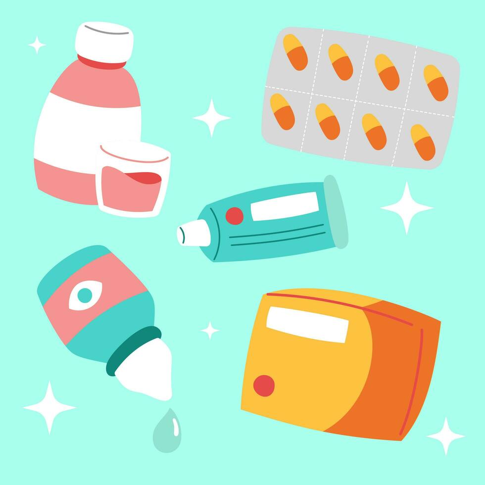 Cute medical sticker set. Hand drawn healthcare cartoon doodle medicine ointment capsule tablet syrup. Bundle of nursery kid graphic print for hospital clinic pharmacy emergency doctor vector
