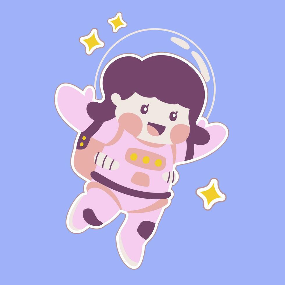 linda astronauta niña pegatina vector ilustración con estrella, cosmonauta mujer ondulación mano, universo explorador mascota, explorador viaje, flotante en traje espacial astronauta traje, gracioso pegatina