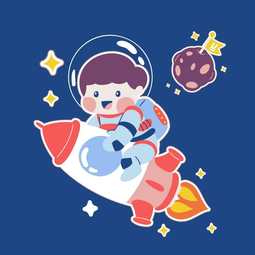 Cute astronaut boy sticker vector illustration with star, cosmonaut man riding rocket, universe explorer mascot, exploring journey, floating in spacesuit spaceman costume, funny sticker