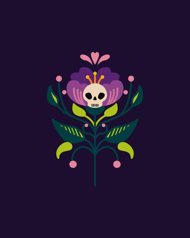 Decorative flower with a skull.  Vector hand-drawn drawing.  Flower for Halloween, Day of the Dead.  Traditional Mexican pattern.  Design for t-shirts, posters.  Flat vector illustration.