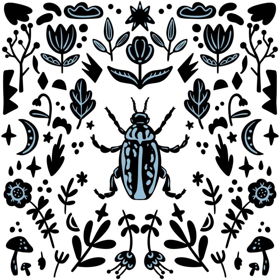 Abstract black and with background with beetle and plants.  Editable hand drawn Vector illustration. Perfect pictures for fabric, textile, clothing, wrapping paper, wallpaper