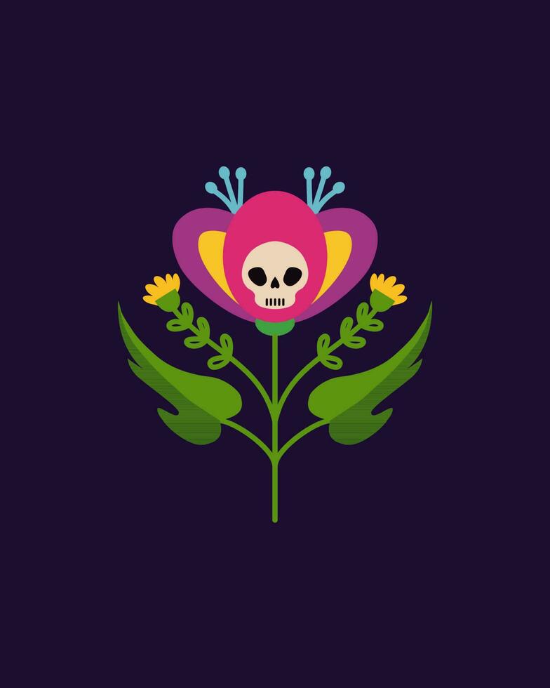 Decorative flower with a skull.  Vector hand-drawn drawing.  Flower for Halloween, Day of the Dead.  Traditional Mexican pattern.  Design for t-shirts, posters.  Flat vector illustration.