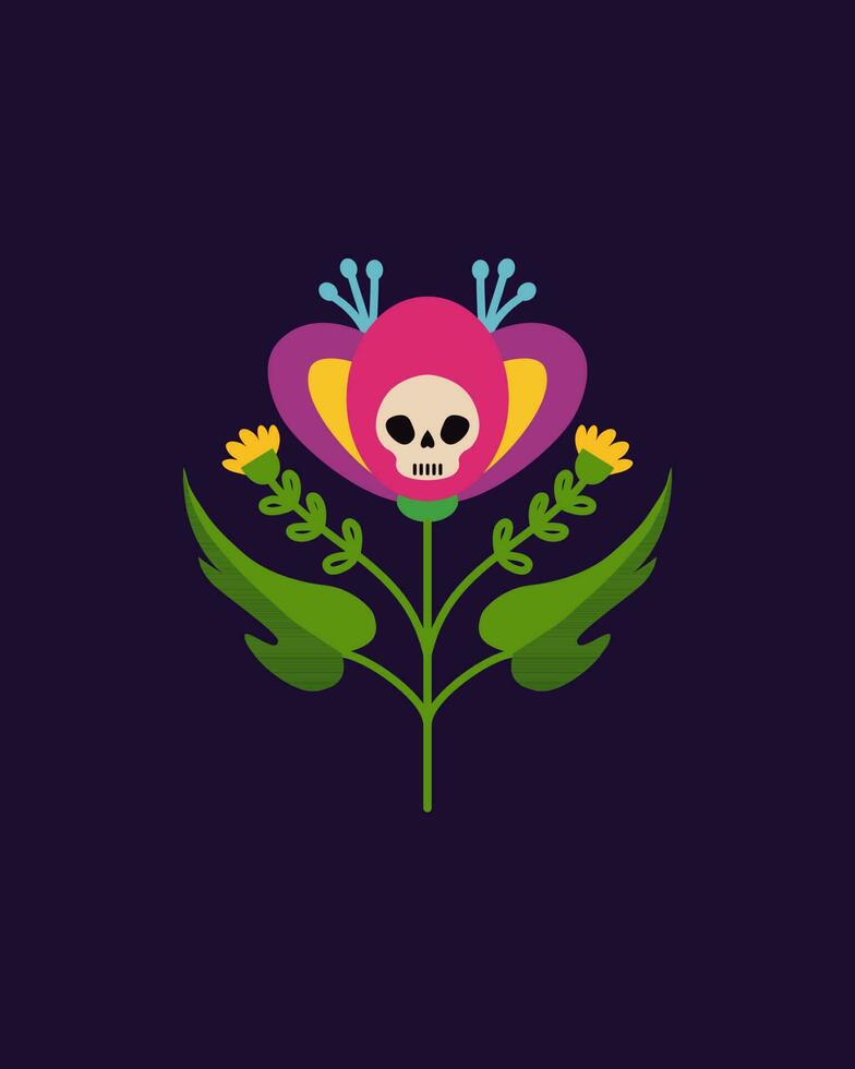 Decorative flower with a skull.  Vector hand-drawn drawing.  Flower for Halloween, Day of the Dead.  Traditional Mexican pattern.  Design for t-shirts, posters.  Flat vector illustration.