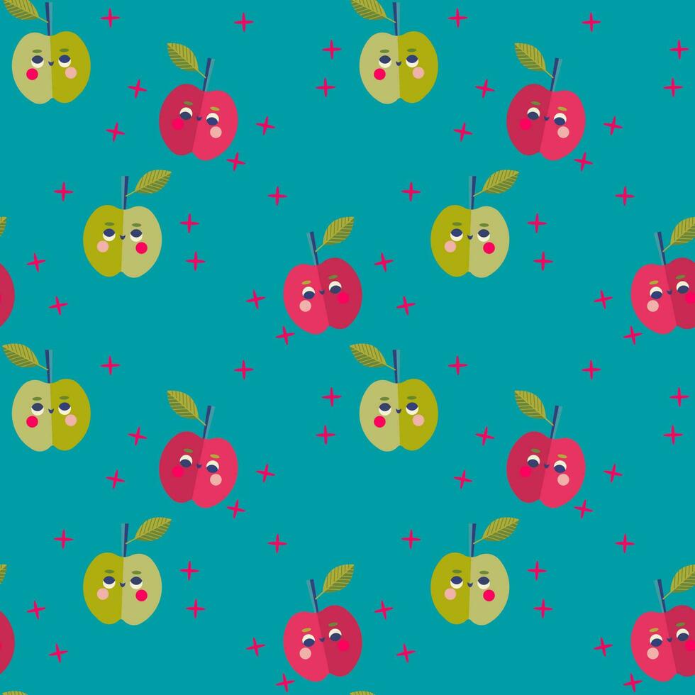 bebé sin costura vector modelo. lindo, de colores dibujos animados manzanas niños textura para tela, textil, ropa, envase papel, fondo de pantalla. vector ilustración en pastel, retro colores.