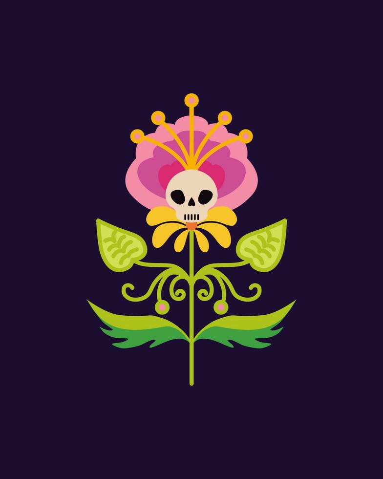 Decorative flower with a skull.  Vector hand-drawn drawing.  Flower for Halloween, Day of the Dead.  Traditional Mexican pattern.  Design for t-shirts, posters.  Flat vector illustration.