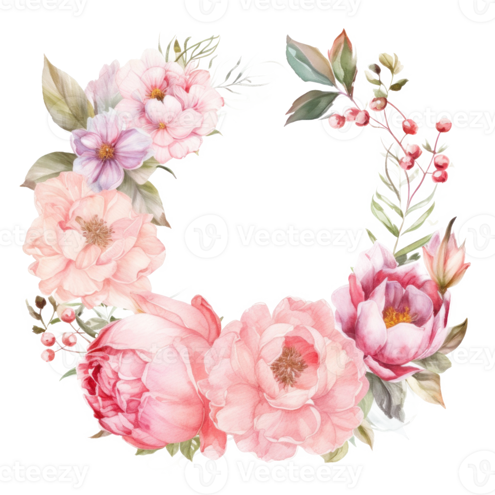 Watercolor pink floral wreath. Illustration png