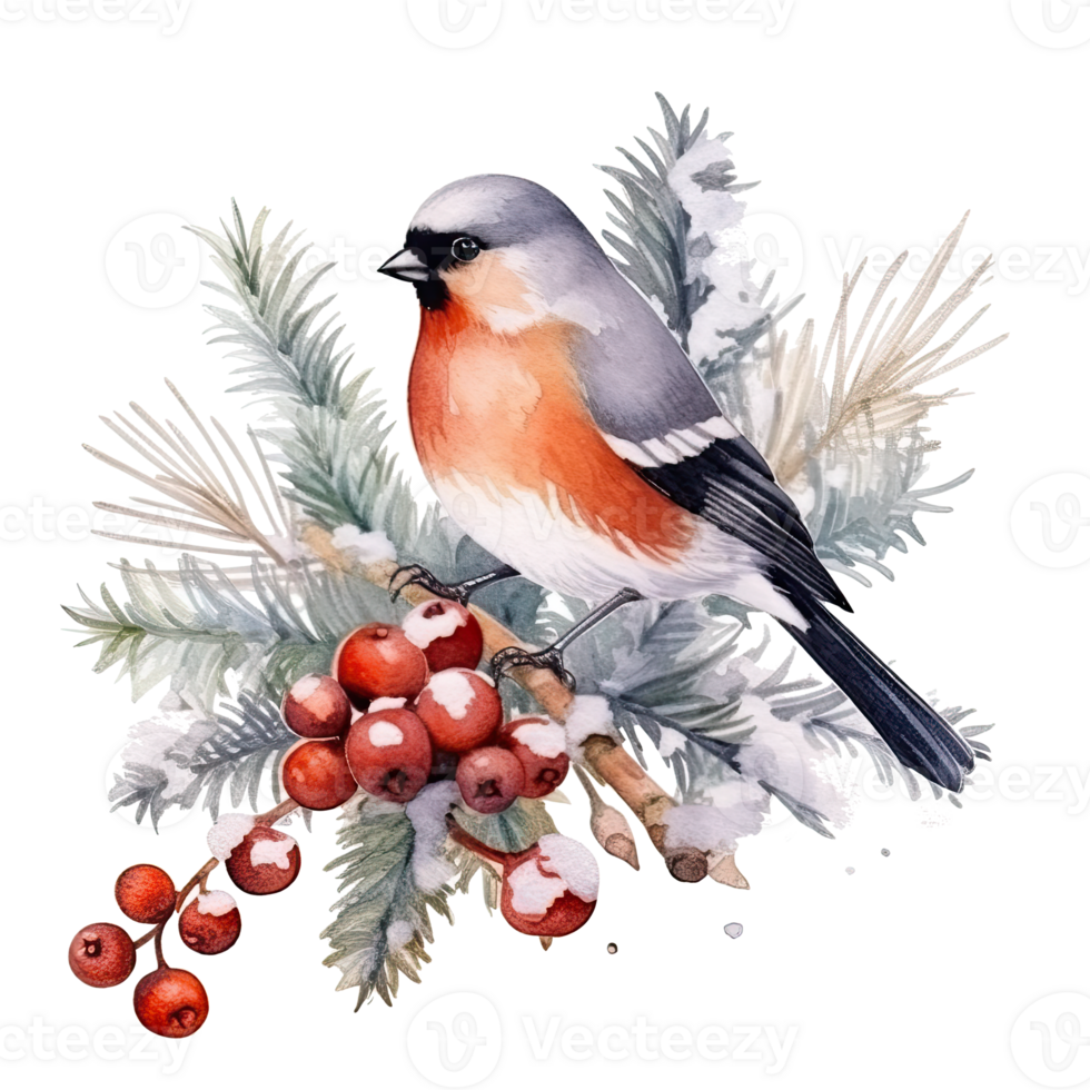 Watercolor Christmas forest branches and bullfinch. Illustration png