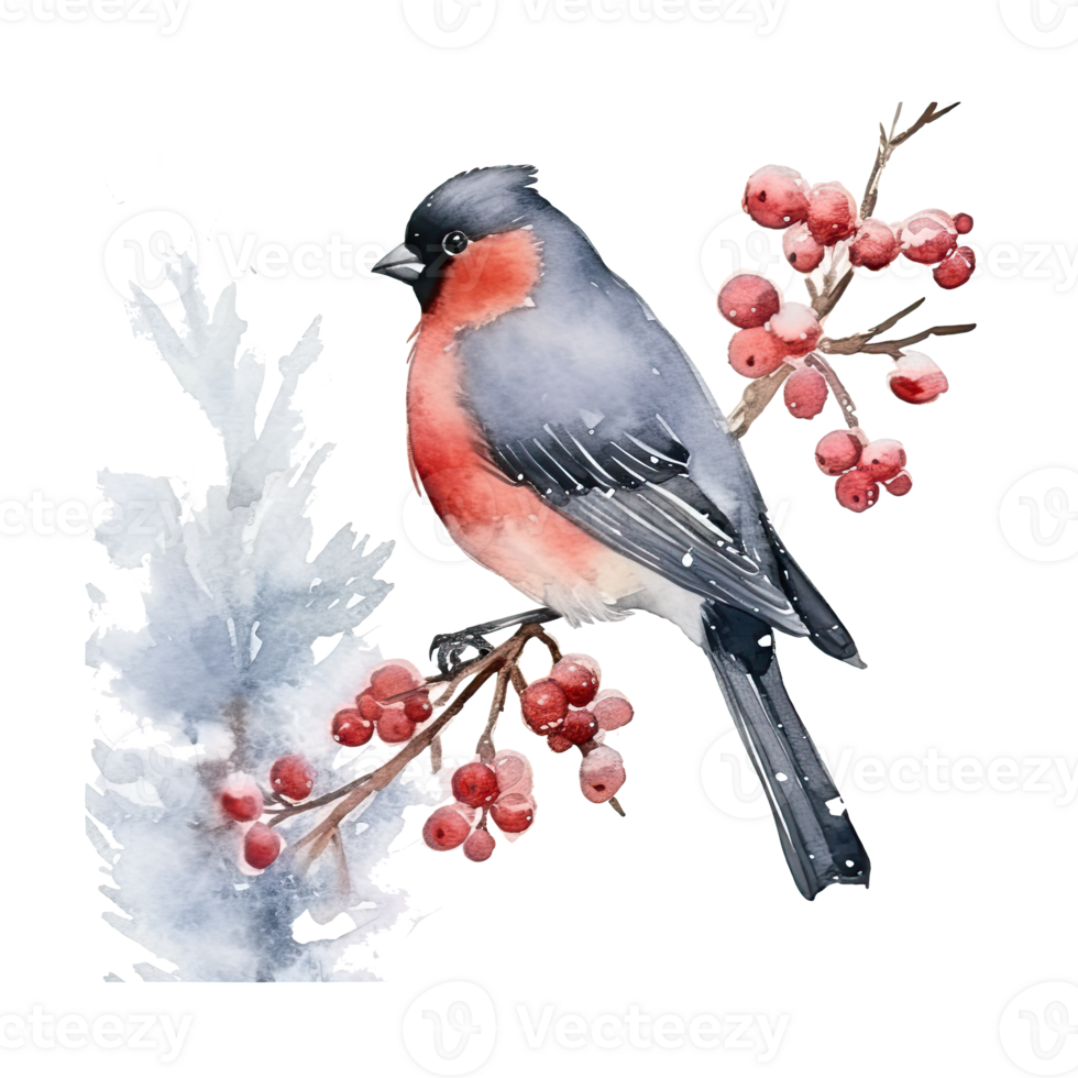 Watercolor Christmas forest branches and bullfinch. Illustration AI Generative png
