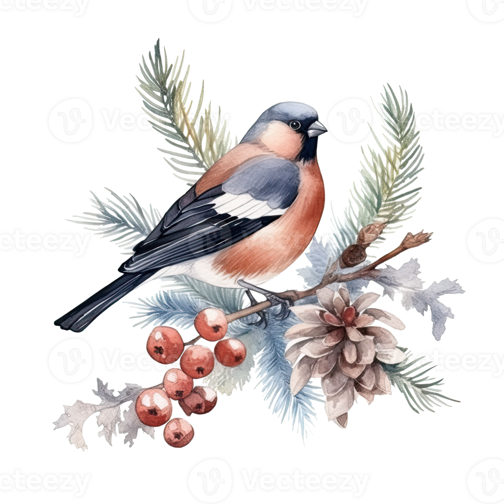 Watercolor Christmas forest branches and bullfinch. Illustration png
