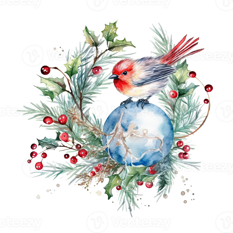 Watercolor Christmas tree toy bird and holly jolly branches. Illustration png