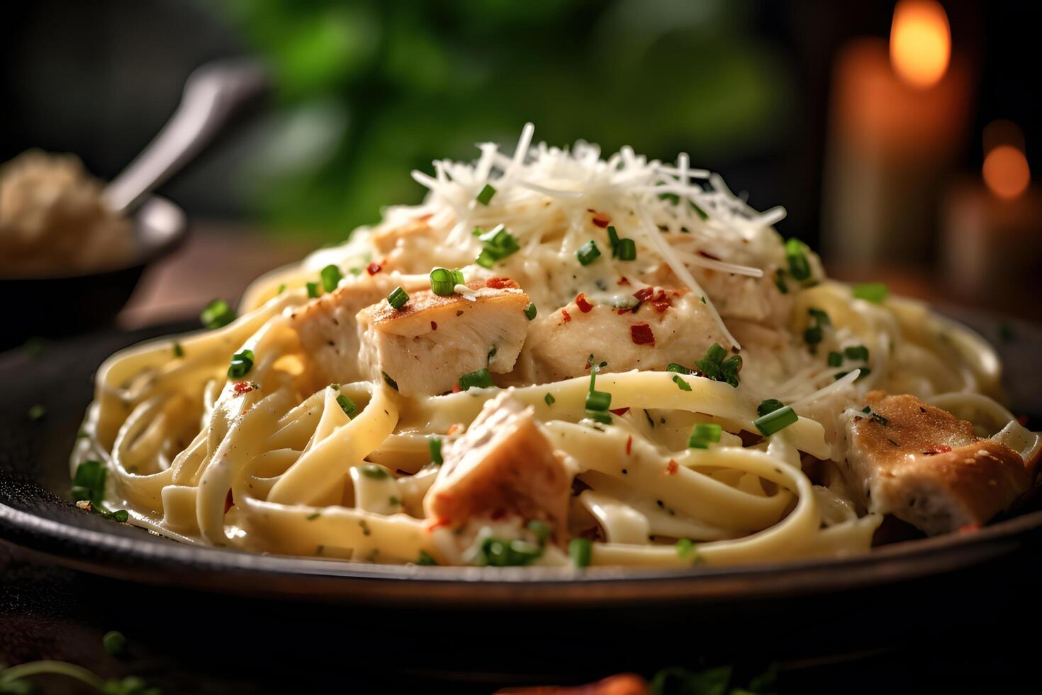 chicken alfredo with fettuccine, Parmesan cheese, porcelain plate background, Italian style, photo