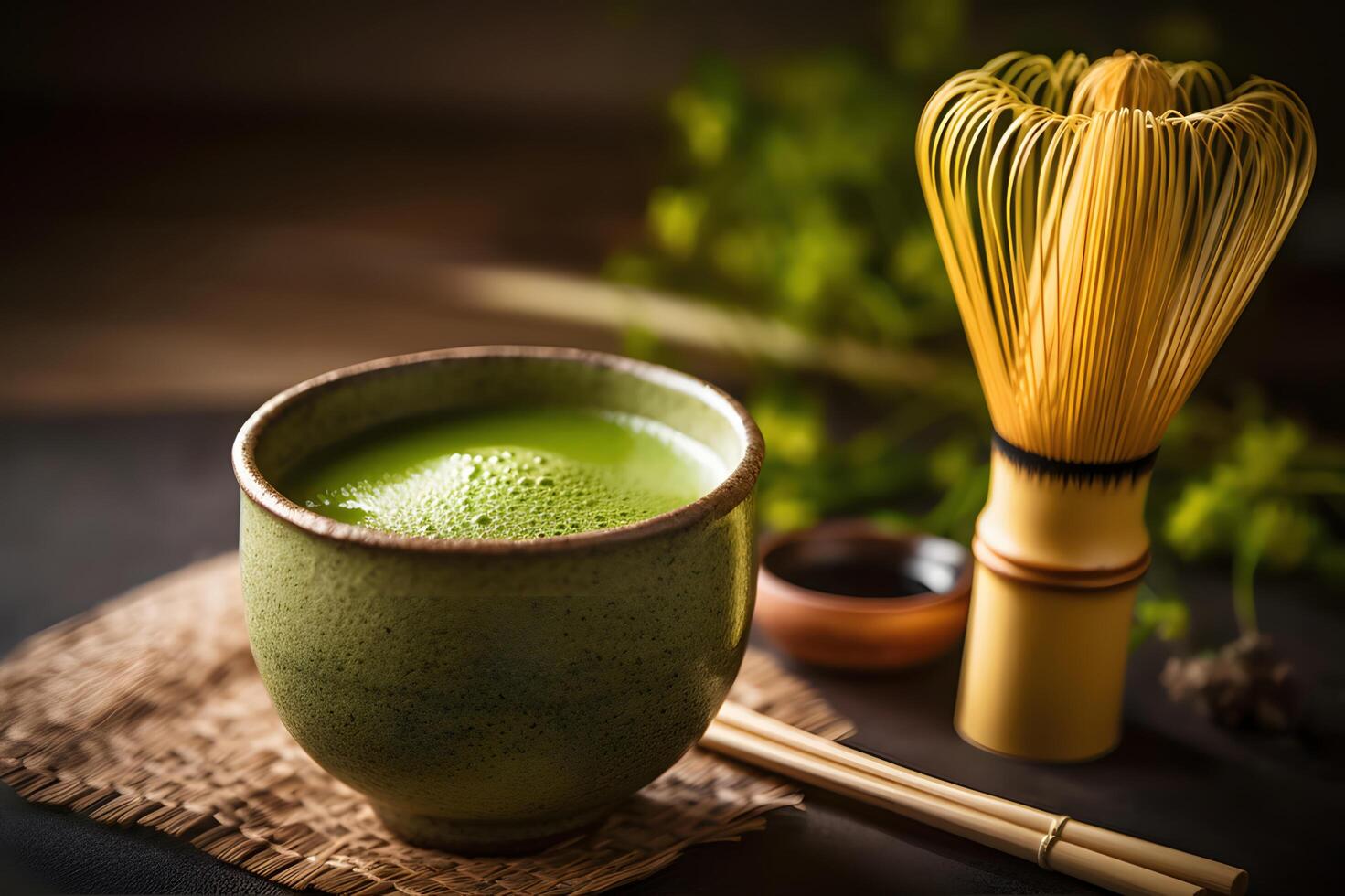 Japanese matcha green tea with frothy top and bamboo whisk, photo