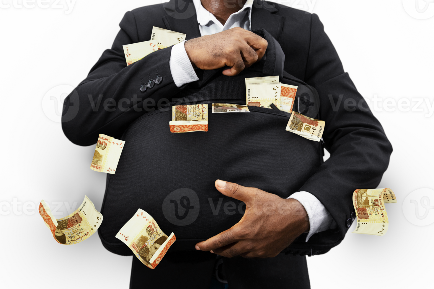 Black Businessman holding black bag full of Pakistani Rupee notes isolated on transparent background, money falling from bag png