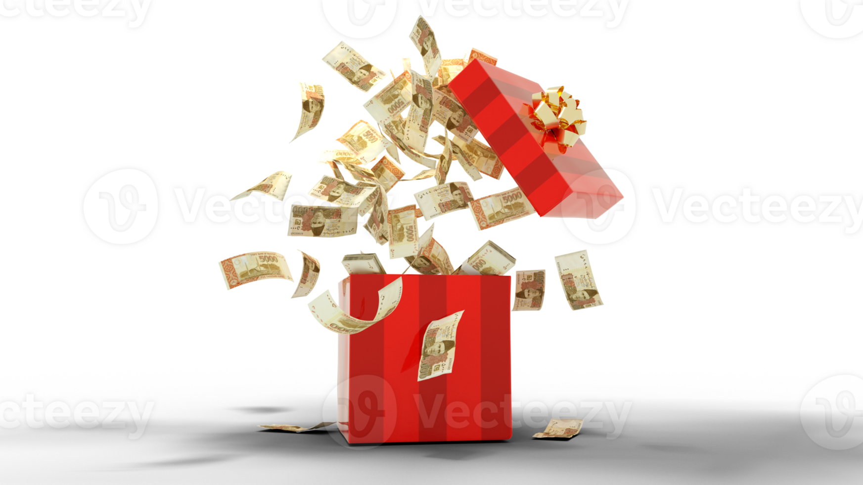 3D rendering of A lot of Pakistani rupee forint notes coming out of an opened red gift box. Money flying out of box png