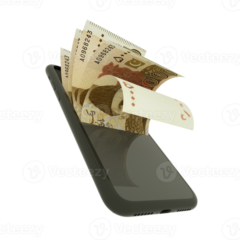 3D rendering of 5000 Pakistani rupee notes inside a mobile phone isolated on transparent background png
