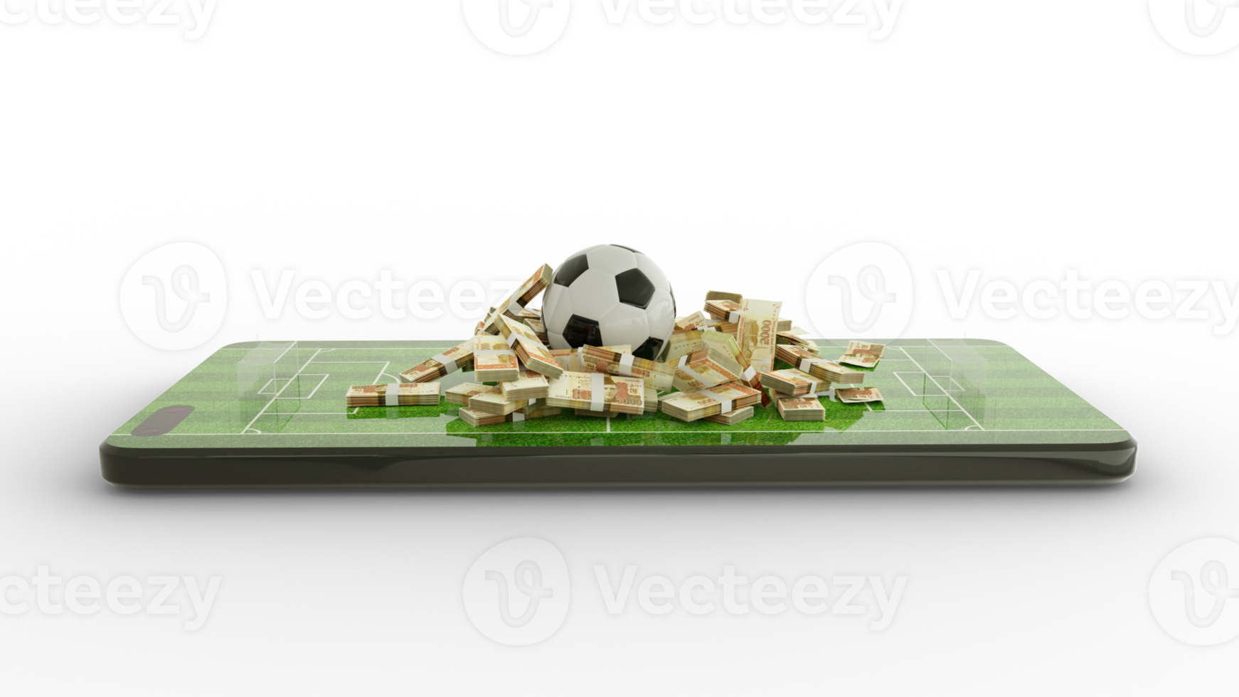 3d rendering of Mobile phone Soccer betting. Football and Pakistani Rupee notes on phone screen. Soccer field on smartphone screen isolated on transparent background. bet and win concept png