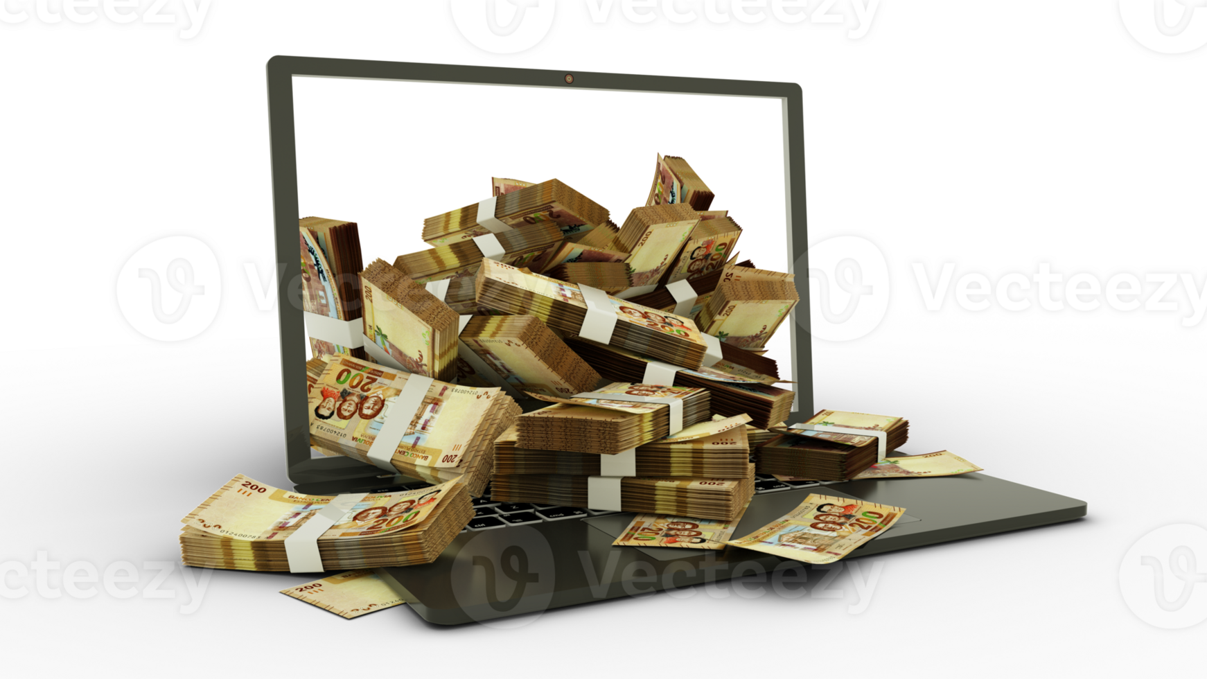 3D rendering of Bolivian Boliviano notes coming out of a Laptop monitor isolated on transparent background. stacks of Bolivian Boliviano notes inside a laptop. money from computer, money from laptop png