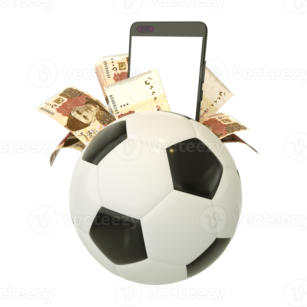 3d rendering of Pakistani Rupee notes and phone behind soccer ball. Sports betting, soccer betting concept isolated on transparent background. mockup png