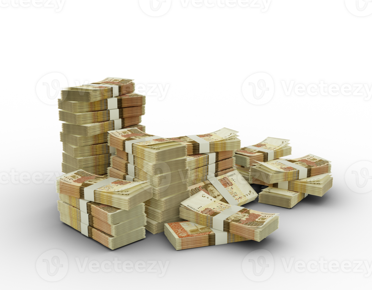 Stack of Pakistani Rupee notes. 3d rendering of bundles of money isolated on transparent background png