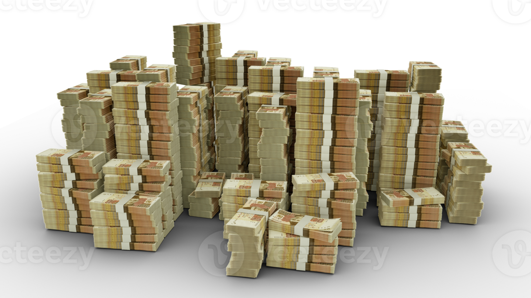 Big stack of Pakistani Rupee notes. A lot of money isolated on transparent background. 3d rendering of bundles of cash png