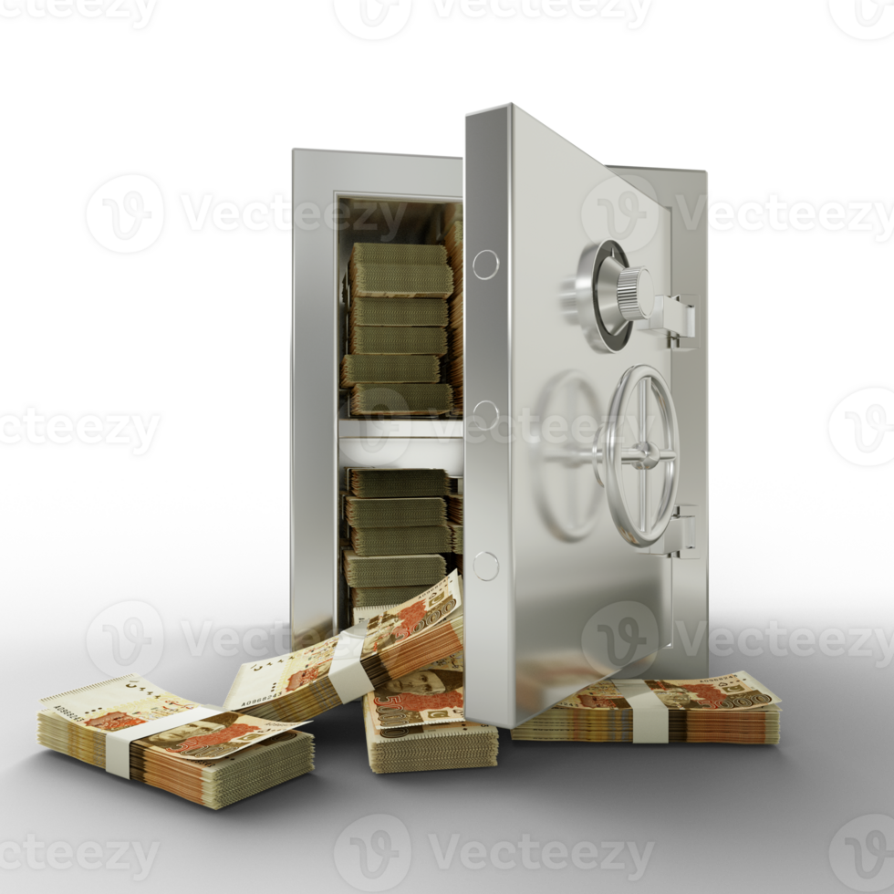 Bundles of Pakistani Rupee in Steel safe box. 3D rendering of stacks of money inside metallic vault isolated on transparent background, Financial protection concept, financial safety. png