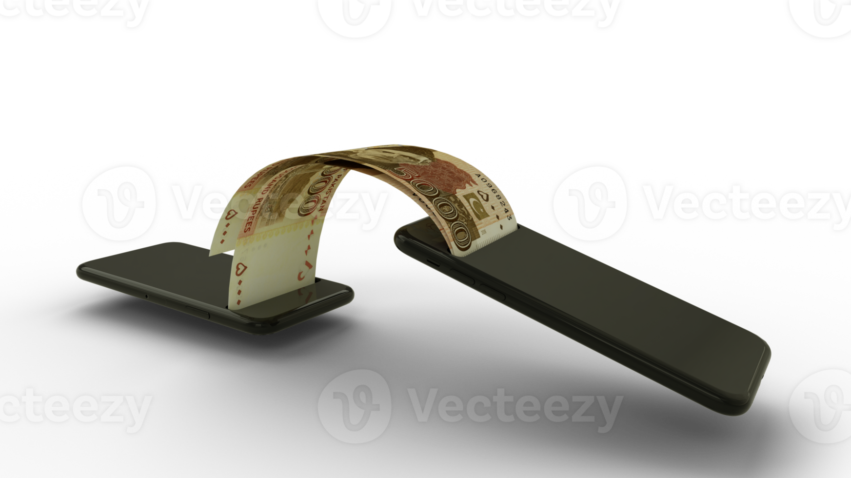 3D rendering of 5000 Pakistani rupee notes transferring from one phone to another. mobile money transaction concept png