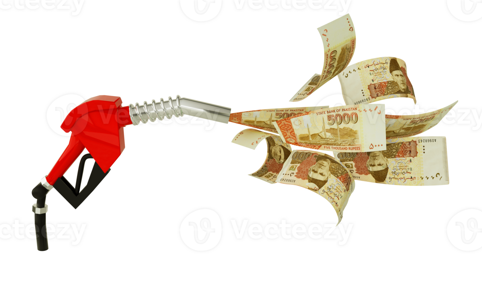3d rendering of Pakistani Rupee notes coming out from fuel pump. red fuel nozzle with rupees flying around png