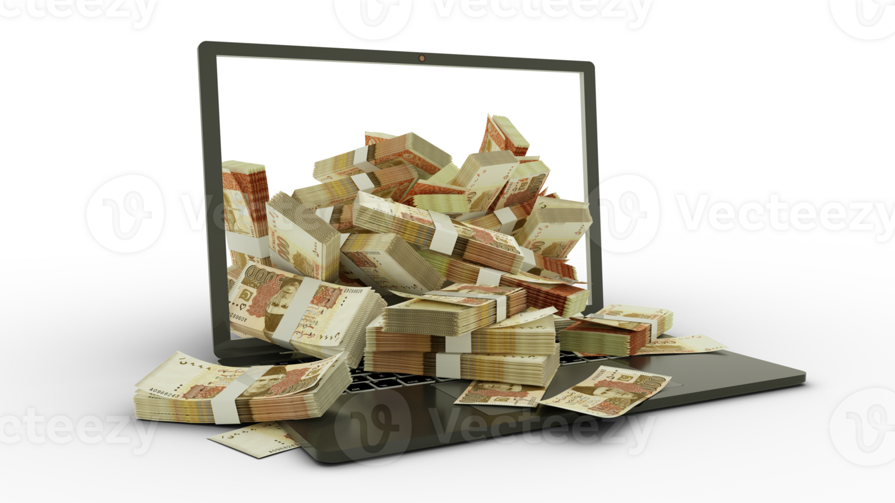 3D rendering of Pakistani rupee notes coming out of a Laptop monitor isolated on transparent background. stacks of rupee notes inside a laptop. money from computer, money from laptop png