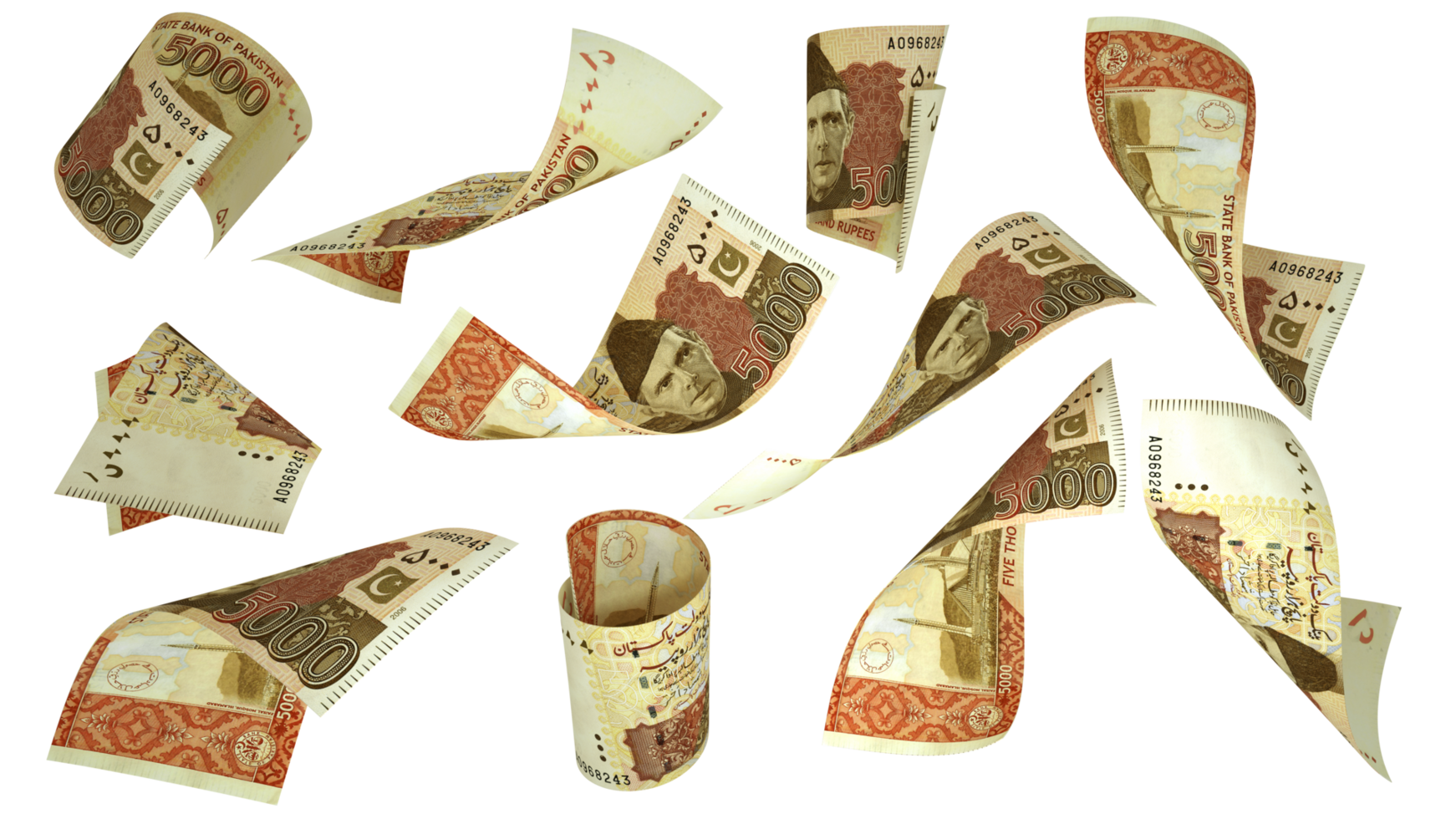 3D rendering of Pakistani Rupee notes flying in different angles and orientations isolated on transparent background png