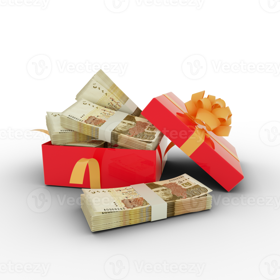 Stack of Pakistani rupee notes inside an open red gift box. Bundles of Pakistani rupees inside a gift box. 3d rendering of money inside box isolated on transparent background png