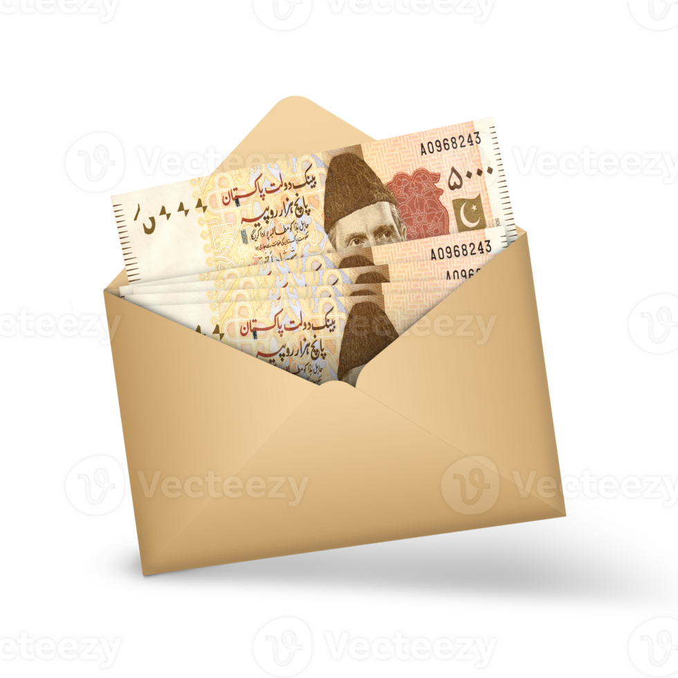 Pakistani Rupee notes inside an open brown envelope. 3D illustration of money in an open envelope png