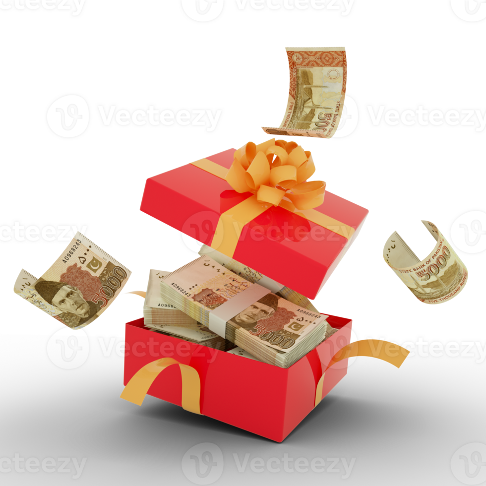 Pakistani rupee notes inside an open red gift box. Pakistani rupees inside and flying around a gift box. 3d rendering of money inside box isolated on transparent background png