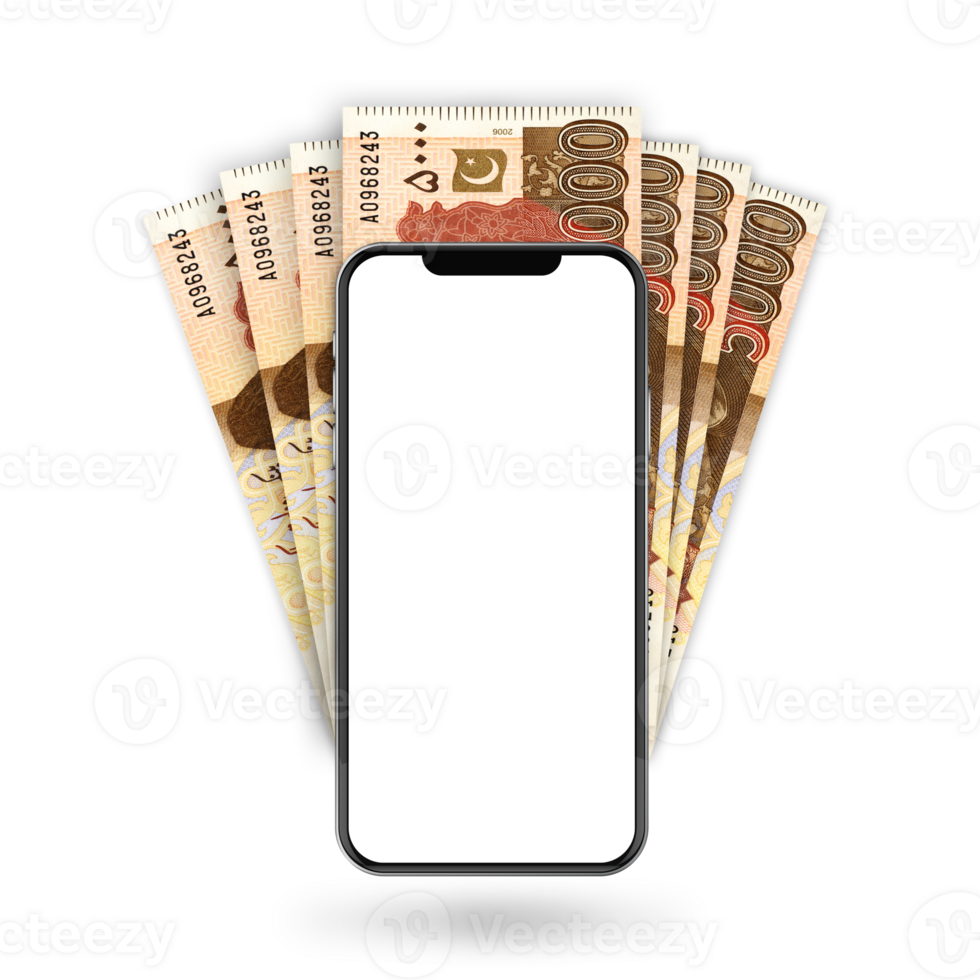 3d Illustration of Pakistani Rupee notes behind mobile phone png