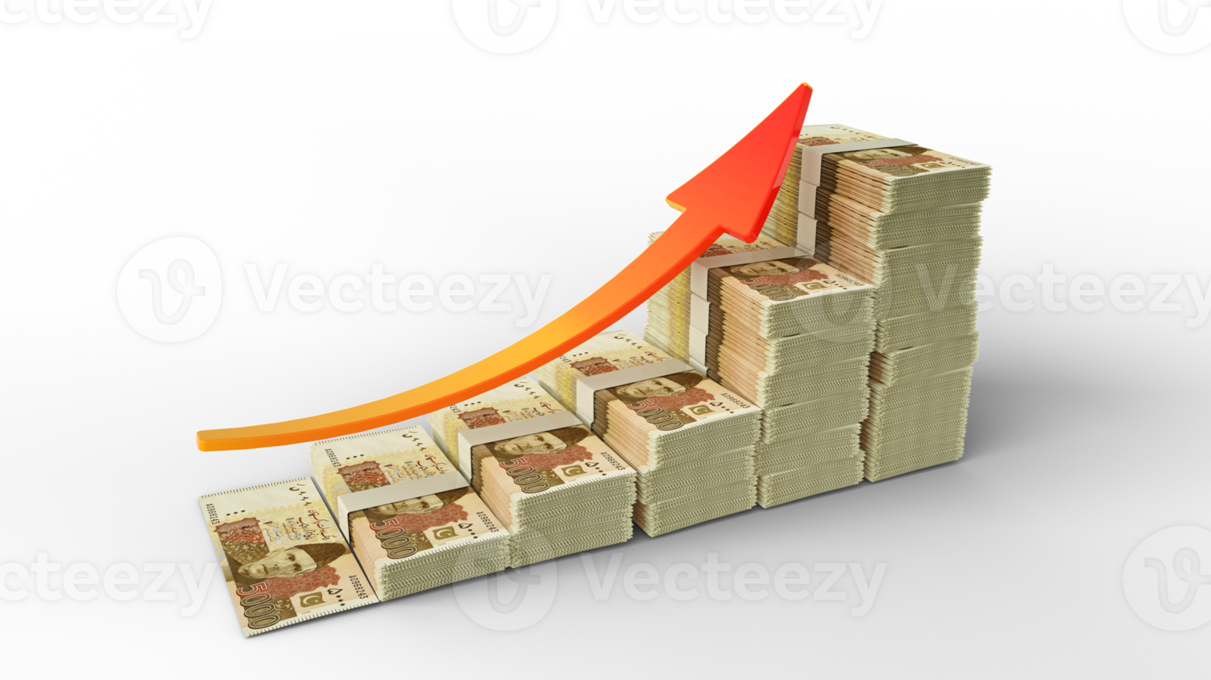 Financial growth sign made of stacks of Pakistani Rupee notes. 3D Rendering of Rupee money arranged in the form of a bar graph isolated on transparent background png