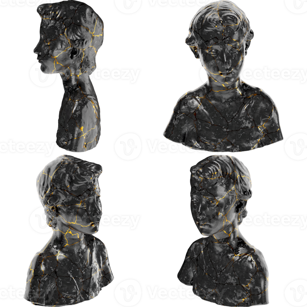 3D render of the John the Baptist as a child statue crafted in black glossy marble with elegant gold png