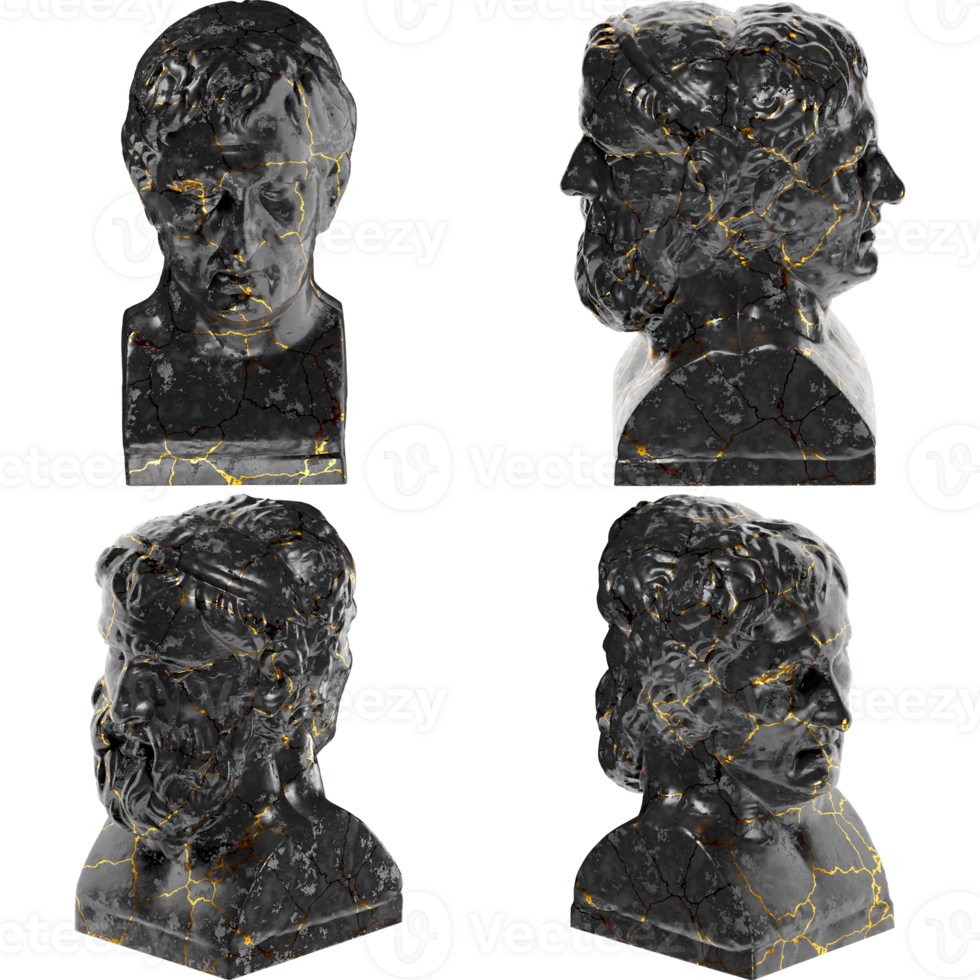 Double Herm of Aristophanes and Menander Black glossy marble and gold statue graphic design websites png